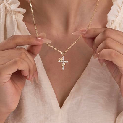 Robaice Upgraded Crown Cross Necklace for Women, 14K Gold Plated - color: C Flower Cross, Gold