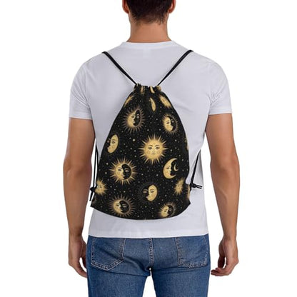 Drawstring Backpack for Men Women, Gold Sun Crescent Moon Star, Breathable Gym Sack for Yoga Travel and Outdoor Camping - color: Pattern (371)