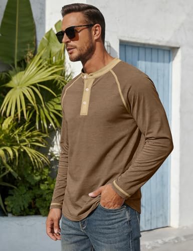Men's Henry Long Sleeved T-Shirt Cotton Casual Button Lightweight Pullover Shirt Soft Stretch Tees Tops Heather Camel : Clothing, Shoes & Jewelry