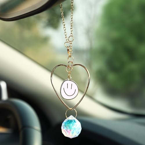 Car Rear View Mirror Accessories, Pink Smiling Face Boho Hanging Ornament Rearview Decor Charm Handmade Beaded Crystal Heart Swinging Interior Decor for Women Men - color: Pink Smiling Face