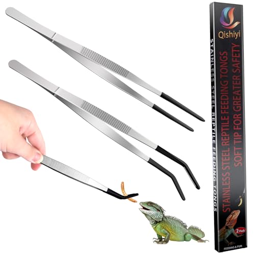 Extra Long Feeding Tongs with Rubber Cover Tips,2PCS 11.8" Stainless Steel Long Tweezers for Fish Tank,Terrarium,Reptile, Bearded Dragon(Straight and Curved Tweezers） (Silver, 11.8inch)