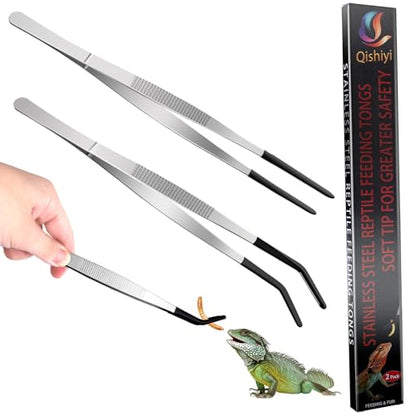 Extra Long Feeding Tongs with Rubber Cover Tips,2PCS 11.8" Stainless Steel Long Tweezers for Fish Tank,Terrarium,Reptile, Bearded Dragon(Straight and Curved Tweezers） (Silver, 11.8inch)