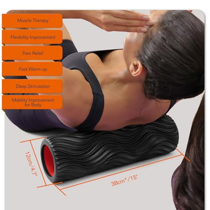 Foam Roller, 15" High Density Foam Back Roller, Wave Textured Massage Roller for Deep Muscle Massage Pilates Yoga,Fitness Exercise Roller for Whole Body Release(Black)