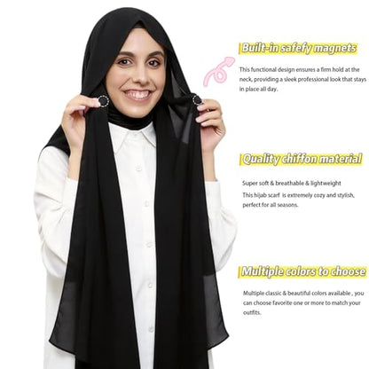 Instant Hijab Set 3-in-1 Chiffon Hijab Scarf for Women with Built-in Magnets and Undercap Head Wraps - color: Black