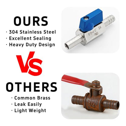 3/8” 304 Stainless Steel Mini Barb Ball Valve, Hose Shut Off Valve with Clamps, Corrosion Resistant Shut-Off Switch for Water, Gas, Fuel, Drip Irrigation - size: 3/8”