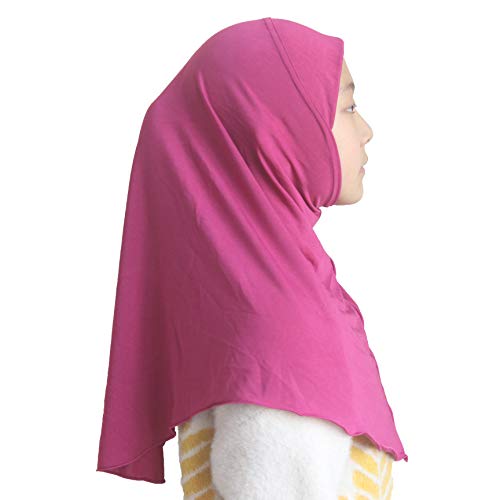 Girls Hijab Muslim Scarf for Kids – Ready to Wear, Solid Color, Soft & Breathable Daily Headwear for Ages 6-11 - color: Rose Red