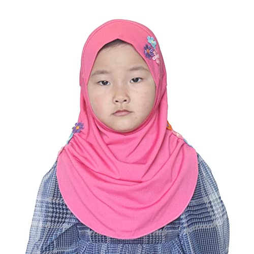 Girls Instant Hijab – Soft Kids Muslim Scarf with Flower, Breathable One-Piece Headscarf for Toddlers Age 2-8 - color: Rose Red