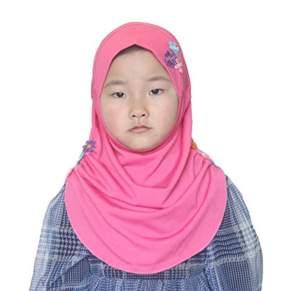 Girls Instant Hijab – Soft Kids Muslim Scarf with Flower, Breathable One-Piece Headscarf for Toddlers Age 2-8 - color: Rose Red