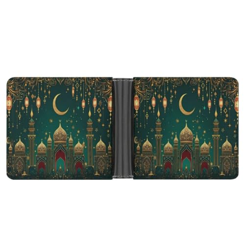 Green & Golden Islamic-Inspired Bifold Wallet 4.6x3.7 Inch,Slim Compact Folding Wallet with Card Slots And Cash Pocket Lightweight Wallet for Everyday Carry Travel Business - color: Green & Golden Islamic-Inspired