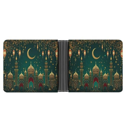 Green & Golden Islamic-Inspired Bifold Wallet 4.6x3.7 Inch,Slim Compact Folding Wallet with Card Slots And Cash Pocket Lightweight Wallet for Everyday Carry Travel Business - color: Green & Golden Islamic-Inspired