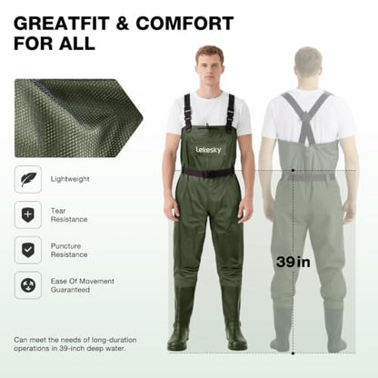 Lekesky Fly Fishing Chest Waders with Boots for Men Women, US Sizes 5–14,2-Ply Nylon/Pvc Waterproof Waders - color: Green, size: M10