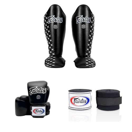 Fairtex Black Large Shin Guards + BGV1 16 oz Black Muay Thai Handwraps 180 inch