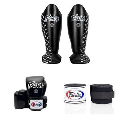 Fairtex Black Large Shin Guards + BGV1 16 oz Black Muay Thai Handwraps 180 inch