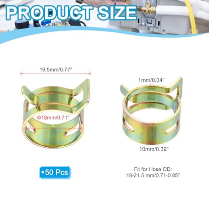 PATIKIL Spring Band Hose Pipe Clamps for 18-21.5 mm OD Hose, 50 Pack Silicone Vacuum Constant Tension Band Clips for Fuel Line Silicone Air Hose Tube Water Pipe, Gold - size: 18-21.5 mm