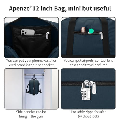 Apenze Small Gym Bag Carry On Bag - 12 in Mini Duffle Bag Lightweight for Overnight Travel（Navy Blue） - color: Navy Blue, size: 12inch