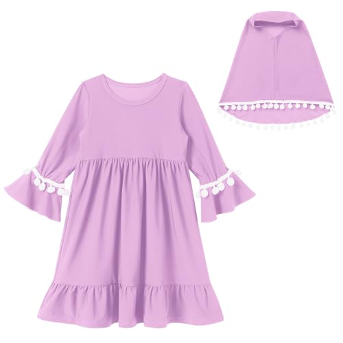 IWEMEK Infant Baby Girl Prayer Dress Kids Muslim Clothes for Toddler Girls Abaya with Hijab Ruffle Islamic Eid Ramadan Outfit - color: Lavender, size: 0-6 Months