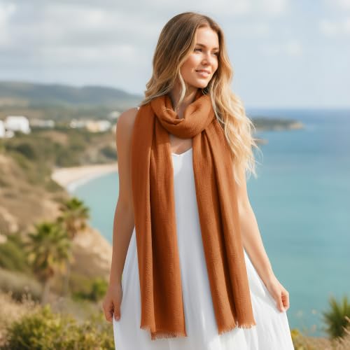 Nydotd Women Summer Cotton Linen Scarf Crinkle Long Beach Shawl Wrap hijab with Fringe - color: Caramel