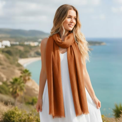 Nydotd Women Summer Cotton Linen Scarf Crinkle Long Beach Shawl Wrap hijab with Fringe - color: Caramel