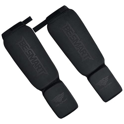 Be Smart MMA Shin Guards for Kickboxing, Muay Thai & Martial Arts – Padded Instep Protection, Lightweight Cotton Elastic Shin Pads – Adult & Youth Training Gear - color: Black/Black, size: Large-X-Large