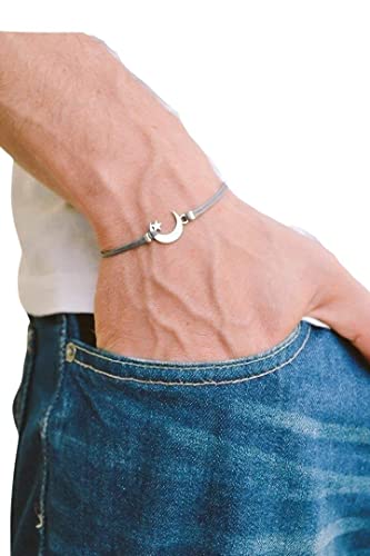 Men's bracelet silver tone crescent moon charm bracelet for men gray cotton string cord boyfriend gift for him moon star bracelet clasp mens jewelry