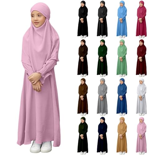 Kids Girls Muslim Abaya Dress Plain Cotton Islamic Prayer Dress with Hijab Toddler Traditional Ramadan Muslim Dresses - color: Coffee, size: 5-6 Years
