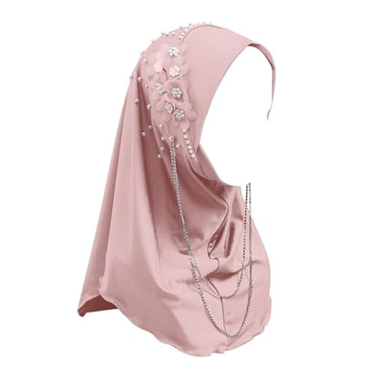 RARITYUS Women Bling Rhinestone Pearl Instant Scarf Muslim Hijab Fashion Shawl Head Wrap Turban Cap with Flower Accent - color: Pink