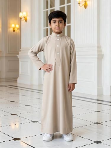 Boys' Muslim Thobe, Beige Islamic Abaya with Stand Collar, Long Sleeve Traditional Robe for Eid & Daily Wear - size: 9Y