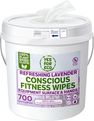 Plant-Based Eco-Conscious Fitness Wipes – 700 Count Refill + Reusable Dispenser Bucket | Infused with Lavender & Tea Tree Oil | All-Purpose Cleaning Wipes for Yoga, Pilates, and Gym Equipment - size: 700 Count (Pack of 1) + Dispenser