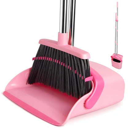 Broom and Dustpan Set, Dustpans with Broom Combo for Home, Heavy Dust Broom and Dustpan Combo, Long Handle Dust Pan and Broom Set for Kitchen, Office, Pet Hair,Pink, Pack of 1 - color: Pink