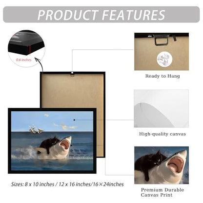 ICHZUMW Framed Funny Black Cat Biting Shark Ocean Canvas Wall Art 16x24 In - color: Black Shark Rider, size: 24"L x 16"W