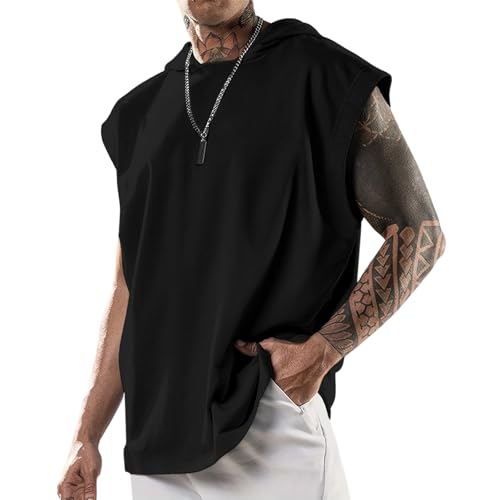 domirica Mens Relaxed Hooded Tank Tops Abstract Print Crewneck Casual Breathable Summer Fitness Sleeveless Shirt - color: Black, size: Large