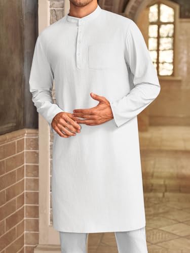 Gafeng Mens Kaftan Robe Button Down Long Sleeve Henley Cotton Thobe Casual Side Split Gown Shirt - color: White, size: XX-Large