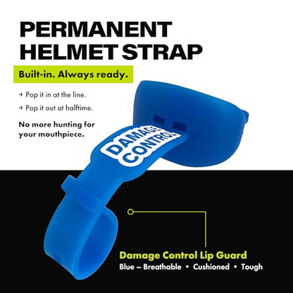 DAMAGE CONTROL Pacifier Football Mouth Guard – Permanent Strap – Blue | Youth Football Mouthpiece, No Boiling, Breathable Design, Protects Lips & Teeth, Works with Braces - color: Blue