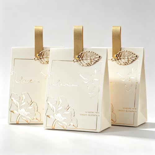 30 Pack Small Gift Bags with Handles, 5.1"x3.9"x2.6" Cream White Embossed Peony Favor Boxes, Paper Gift Boxes with Leather Strap & Gold Leaf Charm for Party,Wedding Bridal Shower(Gold foil tree Peony Ivory) - color: Gold foil tree Peony Ivory