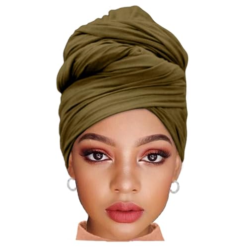ZRQ 1 Pieces Army Green Stretch Hijab Extra Long Solid Color African Shawl Hair Scarfs Jersey Turban Fashion Head Scarf Soft Head Wraps for Black Women - color: Army Green