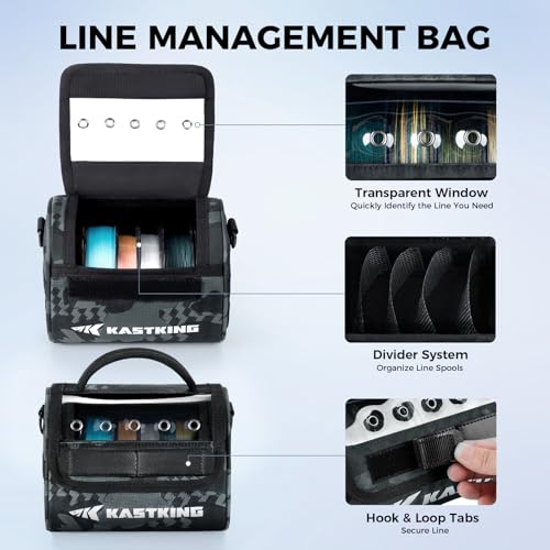 KastKing BaitSpace Line Bag Water Resistant Tackle Bag, Organize Spools | Fishing Line Storage Bag with Water Resistant Nylon, Removable Divider, BaitSpace Line Management Bag - color: A: Black Camo-Medium