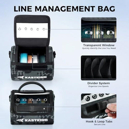 KastKing BaitSpace Line Bag Water Resistant Tackle Bag, Organize Spools | Fishing Line Storage Bag with Water Resistant Nylon, Removable Divider, BaitSpace Line Management Bag - color: A: Black Camo-Medium