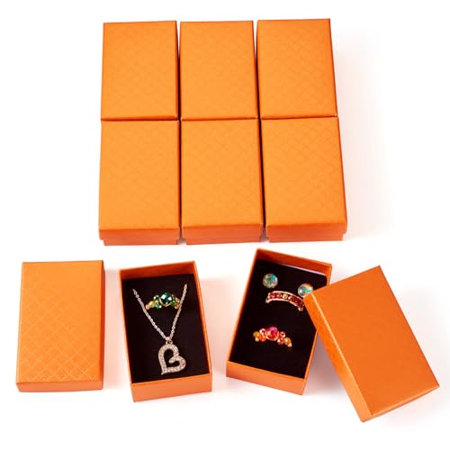 Sparkeads 12 pcs Jewelry Wrapping Boxes Cardboard Necklace Earring Ring Boxes 3.1x2x1 Inches Orange Paper Rectangle Rhombus Print Sponge Filled Boxes for Valentine Key Chain Women Bracelets Wedding - color: Orange