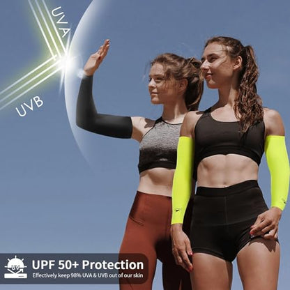 Achiou Cooling Ice Silk Arm Sleeves, Summer UV Sun Protection Compression Sleeves UPF 50+ for Women Volleyball Youth Sports - color: 2 Pairs: 1pair White,1 Pair Fluorescent Yellow