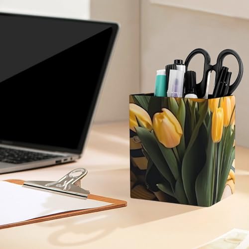 Pen Holder Leather Pencil Holder for Desk Yellow Bouquet Desktop Stationery Pen Cup Desk Accessories Holder Makeup Brush Storage Organizer for Work Home Art Supply 3.9" X 3.1" - color: Yellow Bouquet