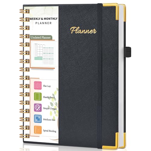 Undated Weekly Planner, Hardcover Leather Weekly & Monthly Calendar Blank Planner, To Do List Notebook with Goal & Habit Tracker Organizer, A5 Daily Planner with Spiral Binding, Ideal for Work School Home, Black - color: Black