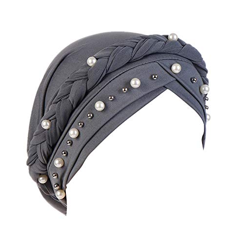 Fxhixiy Women Chemo Beanie Beaded Pearl Braid Turban Headwear for Hair Loss - color: Gray