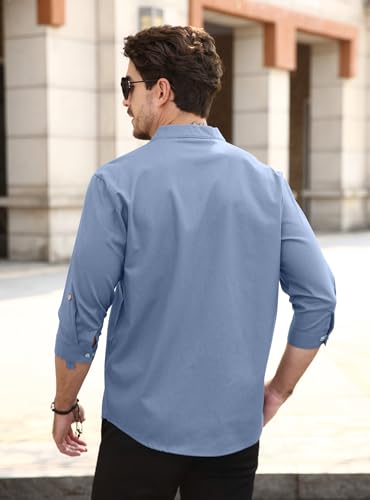 Zaitun Mens Cotton Linen Shirts Casual Buttons Down Roll-Up Sleeve Shirt Summer Chinese Style T-Shirts - color: Blue, size: X-Large