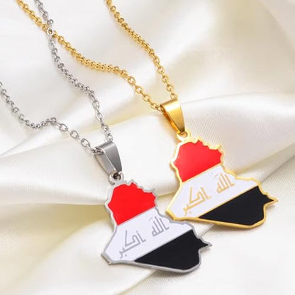 Iraq Map Flag Pendant Necklace for Women and Men – Stainless Steel Allah Name Iraq Map Pendant Necklaces - Meaningful Iraq Jewelry Gift - color: Gold 1