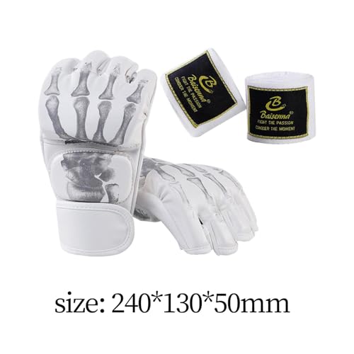 Boxing Gloves Gear Open Palm MMA Half Mitts Lightweight Breathable PU Leather Shock Pad Half Finger Suitable for Adults Men Women Fitness M, White Skeleton
