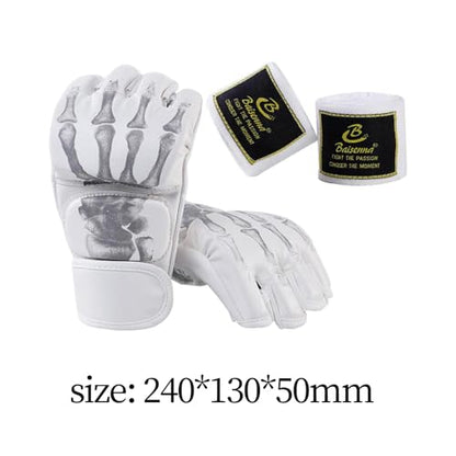 Boxing Gloves Gear Open Palm MMA Half Mitts Lightweight Breathable PU Leather Shock Pad Half Finger Suitable for Adults Men Women Fitness M, White Skeleton