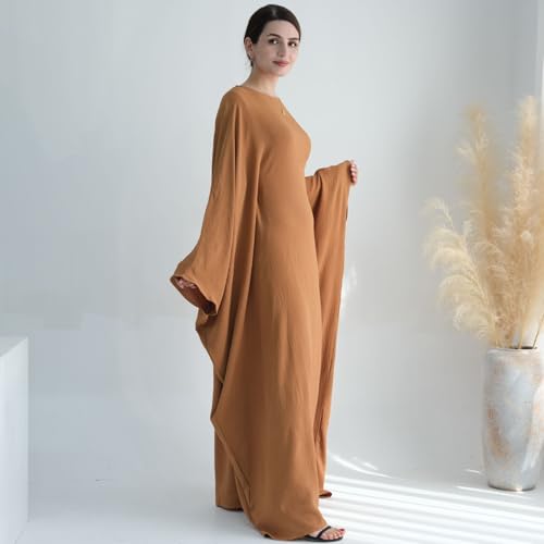 Women Muslim Abaya Dress 1Piece Bat Sleeve Islamic Maxi Robe Fashion Jilbab for Women Eid Kaftan Muslim Robe - color: Camela, size: Medium