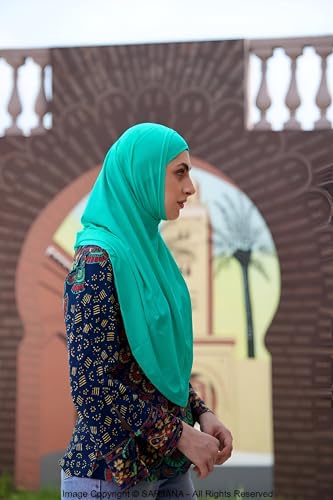 SARJANA Women's Solid Color Cotton Hijab with Under Scarf Cap Ready to Wear Stretch Scarves Long Scarfs FREE SIZE - color: Turquoise