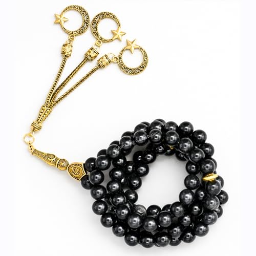 Amazing Gemstone Crystal Tasbeeh with Moon and Star Charm - Certified Crystal Muslim Prayer Beads Natural Gemstone Tasbih Gift for Ramadan Dhikr and Daily Namaz (G) - color: Silver Sheen Obsidian