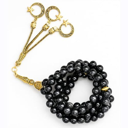 Amazing Gemstone Crystal Tasbeeh with Moon and Star Charm - Certified Crystal Muslim Prayer Beads Natural Gemstone Tasbih Gift for Ramadan Dhikr and Daily Namaz (G) - color: Silver Sheen Obsidian